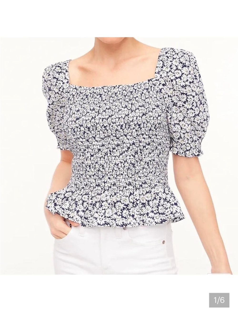 J. Crew Navy and White Smocked Square-Neck Peplum Top sunflower 🌻 print